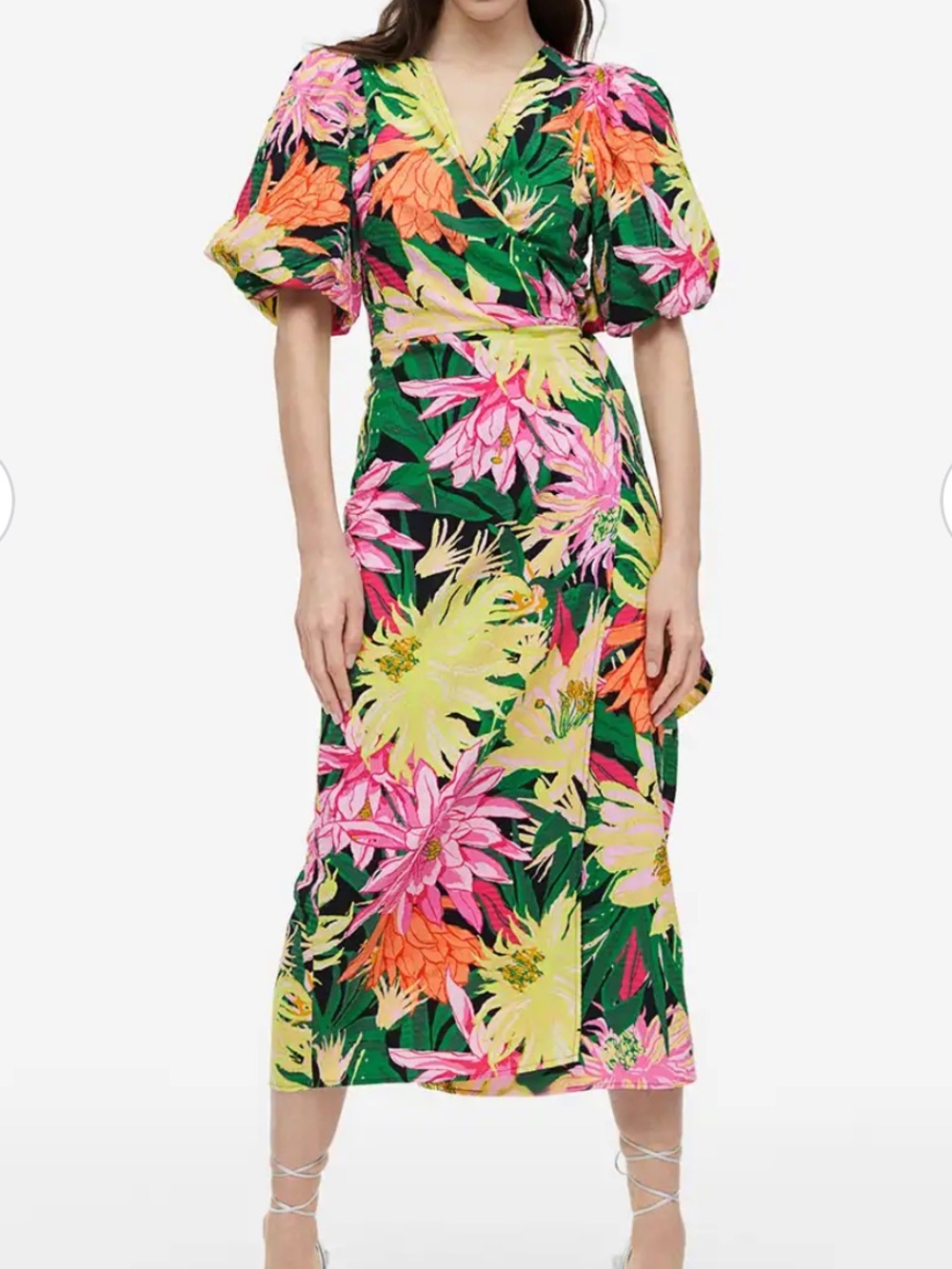 H&M Green Floral Wrap Midi Dress with Puff Sleeves
